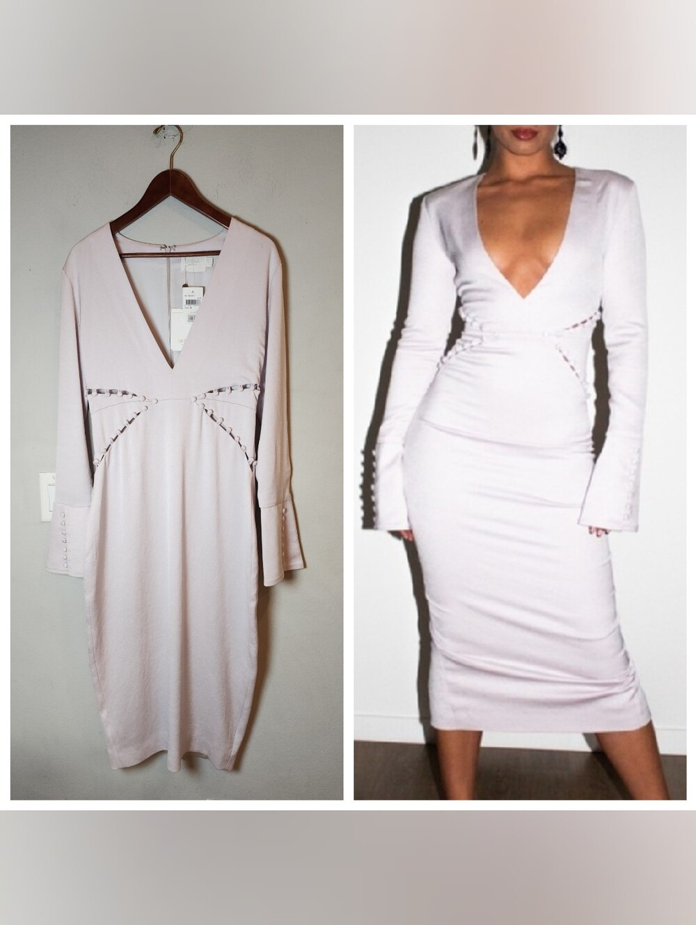 NWT Misha Lilac Long Sleeve Midi Sheath Dress Button Cutout  Women's Size 8